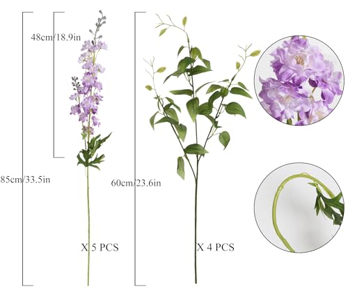 IPOPU Purple Fake Flowers 9pcs Delphinium Artificial Flowers with Clematis Greenery Stems 33.5" Bluebonnet Flowers Larkspur Snapdragon Tall Fake Flowers for Home Bridal Shower Party Decor (Purple) - color: Purple