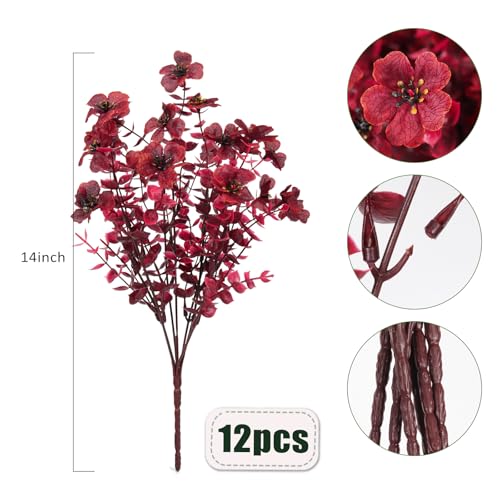 RECUTMS 12Pcs Realistic Artificial Plants Artificial Mums Fall Flowers Fake Fall Plant UV Resistant Fake Flowers Realistic Eucalyptus Leaves Silk Mums Faux Autumn Plant for Home Decor(Wine Red) - color: Eviolet Wine Red