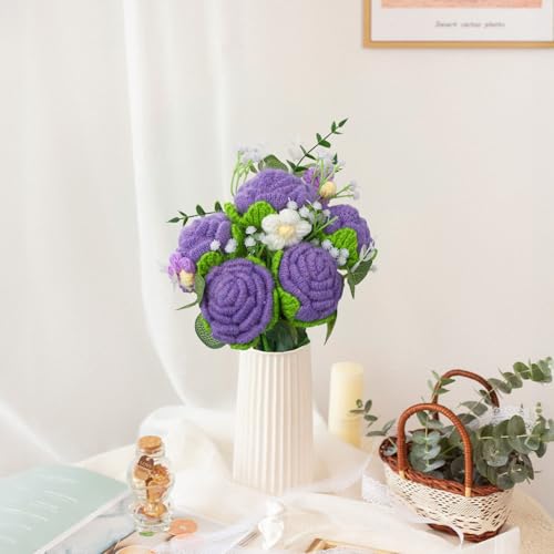 Crochet Flowers Bouquet, Handmade Knitted Rose Bouquet with Gift Bag for Home Deocor, Crocheted Finished Flower for Wedding, Mother's Day, Teachers' Day and Valentine's Day, Purple - color: Purple