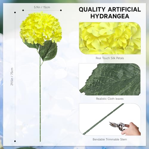 6 PCS Artificial Hydrangea Flowers, Realistic Silk Faux Hydrangeas with Long Stems, Fake Flowers for Wedding Bouquets, Home Table Centerpieces, Party & Indoor Outdoor Decor(Yellow) - color: Yellow