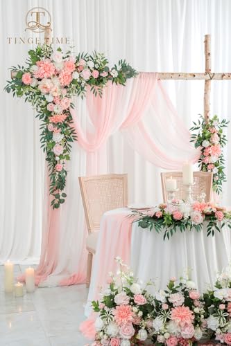 TINGE TIME Wedding Arch Flowers Kit - Deluxe 5pcs Artificial Floral Swag with 3 Sheer Drapes, Realistic Silk Flower Arrangements for Wedding Ceremony Arbor Backdrop Reception Party Home Decor - color: Peach Pink & White