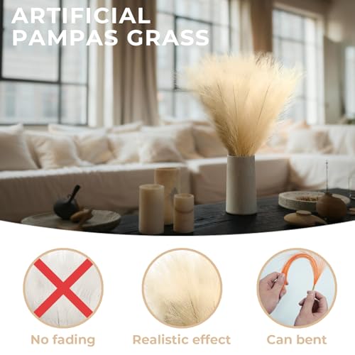 40pcs Beige Artificial Pampas Grass 21.6" Faux Dried Flowers Pompas Grass Bouquet Flower Arrangement and Vase Filler for Gothic Room Decoration Wedding Party Boho Home Decor - color: Beige