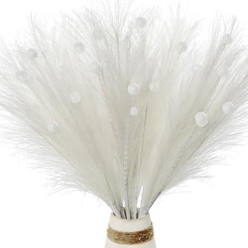 Christmas Tree Picks Decorations Set of 4 Sequins Ball Sprays 17" Artificial Furry Reed Grass Stems Fluffy Pampas Branches Feather Tails for Vase Fillers Flower Arrangements Tree Topper (White) - color: White