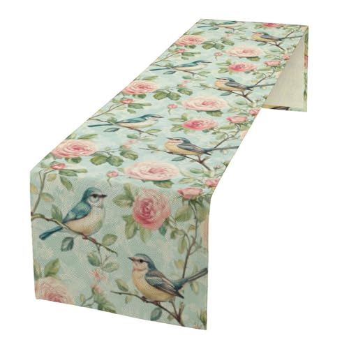 Spring Bird Floral Table Runner,Birds Table Runner Burlap Table Decoration for Seasonal Home Kitchen Dining Dinner Indoor Holiday Farmhouse Decor 13x36 in - color: Bird_14, size: 13x36inch