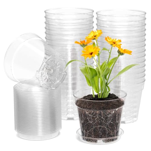 WSMKSZ 4 Inch Clear Nursery Pots, Set of 30 Transparent Plant Flower Pots for Small Indoor Plants with Drainage Holes & Trays, Plastic Seedling Starter Pots for Various Plants - size: 4inch 30pcs