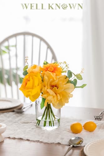 WELL KNOWN Artificial Flowers in Glass Vase with Fake Water, Silk Peony Rose Flower Bouquet for Home Dining Table, Office, Hotel, Wedding, Birthday Party, Lavatory Decor & Mom's Gift (Yellow & Orange) - color: Yellow & Orange