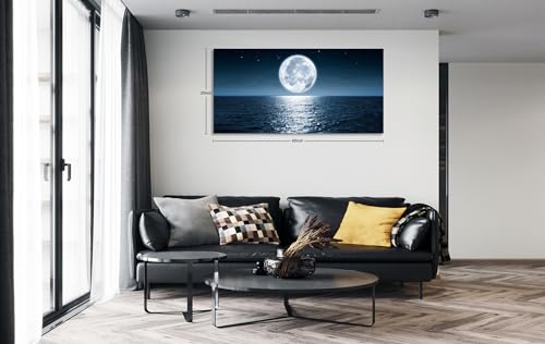 Aibonnly Wall Art Canvas Print Moon Sea Ocean Landscape 1 Panels Full moon Picture Painting Framed and Stretched Ready to Hang for Living Room Bedroom Office Home Decor Artwork 20x40inch - color: Dark Blue, size: 40"L x 20"W