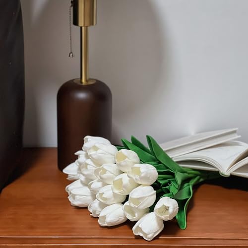 20PCS Artificial Tulip Flowers - 13.5" Real Touch Fake PU Tulips Bouquet Faux Spring Flowers (White) - color: White