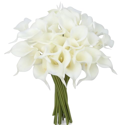 24 Pcs White Artificial Calla Lily Flower White Fake Silk Flowers Real Touch for Wedding Bouquet Office Home Kitchen Decor - color: Pure-white
