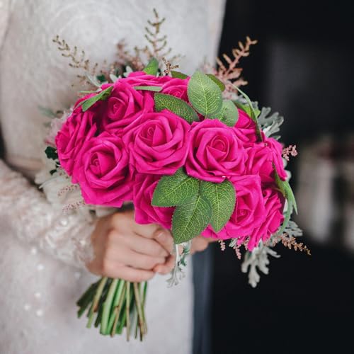 100 Pcs Artificial Foam Rose Flower Faux Bouquet Wedding Fake Rose Gift for Mother's Day Women DIY Bridal Shower Party Table Birthday Home Spring Decor (Hot Pink) - color: Hot Pink