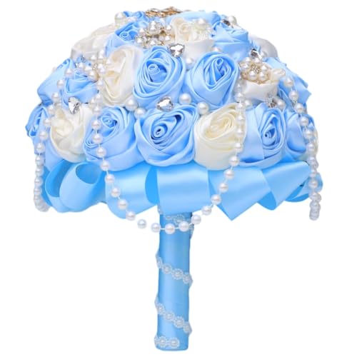 Light Blue Bridal Wedding Bouquet with Rhinestone Brooch Pearl String Cascade Bouquet for Bride Bridesmaid Quinceanera Satin Rose Flower Bouquet Wedding Light Blue and Ivory 8.7in - color: Light Blue & Ivory, size: Large (DIA. 8.7"/22cm)