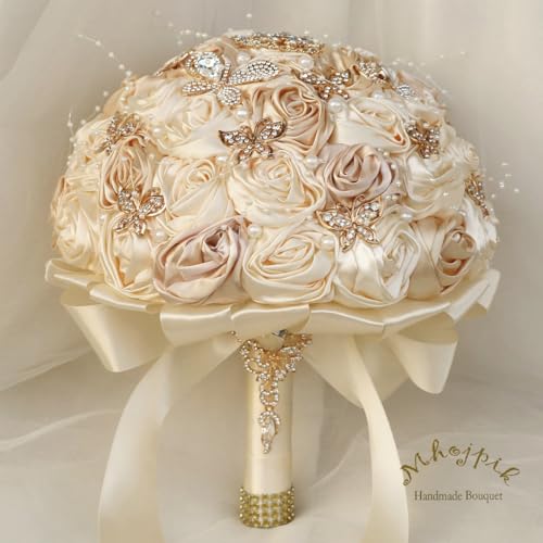Handmade Wedding Flowers Bouquet Round Holding Bridal Bouquet Artificial Satin Roses Bunch for Bride Bridesmaid Wedding Quinceanera - color: Cream & Camel, size: Large (Dia. 9.8"/25cm)
