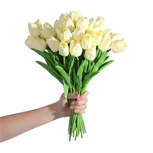 SITUMEIZI 15pcs Fake Tulips Artificial Flowers Real Touch Beige 14" PU Flower for Home Kitchen Decor Spring Easter Wedding Bouquet Decorations Office Floral Arrangements - color: Beige