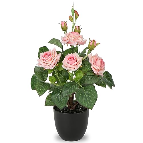 Hollyone Artificial Plants & Flowers in Vase Pink Roses Artificial Flowers Potted Plant Faux Silk Flower with Pot Fake Rose Flower Arrangement Home Decor Office Bathroom Shelf Desk Decoration 15 Inch - color: Rose 1 - Pink (15inch)