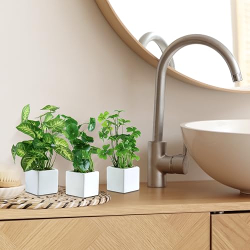 MyGift Set of 3 Artificial Plants, Faux Potted Plants Indoor, Small Fake House Plant in White Square Ceramic Pots for Shelf Decor - color: White