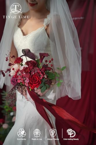 TINGE TIME Artificial 9 Inch Bridal Bouquet, Terracotta Flower Bouquet with Roses for Bride, Bridal Tossing Bouquet for Wedding Ceremony Anniversary Bridal Showers Church Decoration - color: Burgundy & Pink