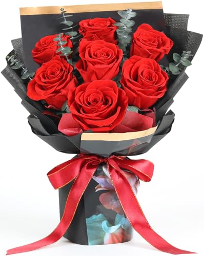 Preserved Flowers Bouquet 7 Roses, Forever Flower for Delivery Birthday Anniversary Wedding, Eternal Real Roses Bouquets with Gifts Box for Women Wife Mother Day, Red - color: Red