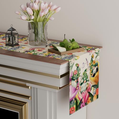 XCHI Tulips Gnomes Flowers Spring Table Runner Summer Table Decoration for Party Home Kitchen Dining Holiday Decor 13x120 Inch - size: 13x120 Inch