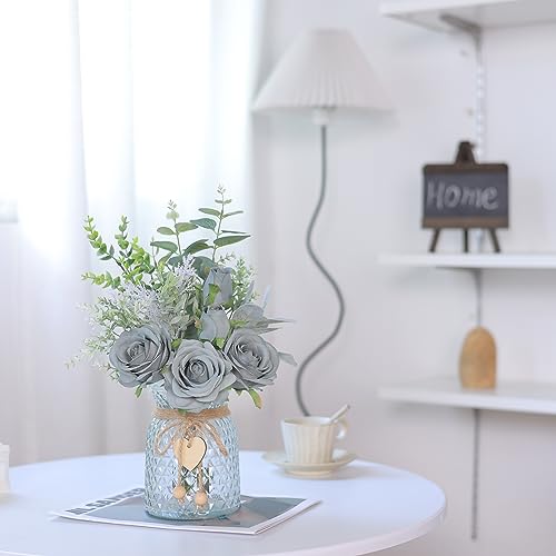 Faux Flowers with Vase,Artificial Silk Roses in Vase, Fake Plant Eucalyptus Flower Arrangement for Home Office Farmhouse Bathroom Dining Table Centerpiece Decorations Coffee Table Decor (Grey Blue) - color: Grey Blue