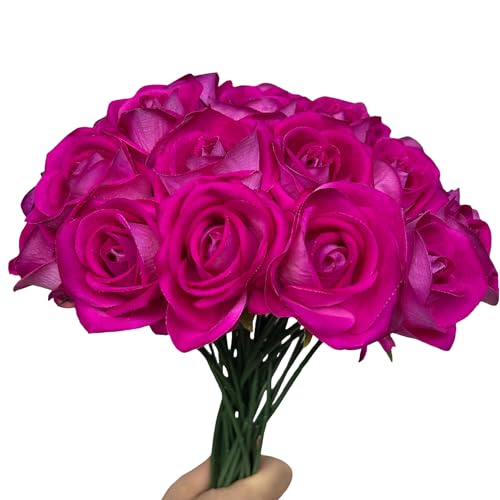 FagusHome 30 Pcs Silk Rose Artificial Flowers Roses Bulk Bouquet Fake Flowers Rose Heads with Stems for Home Wedding Decor (Purple) - color: Purple