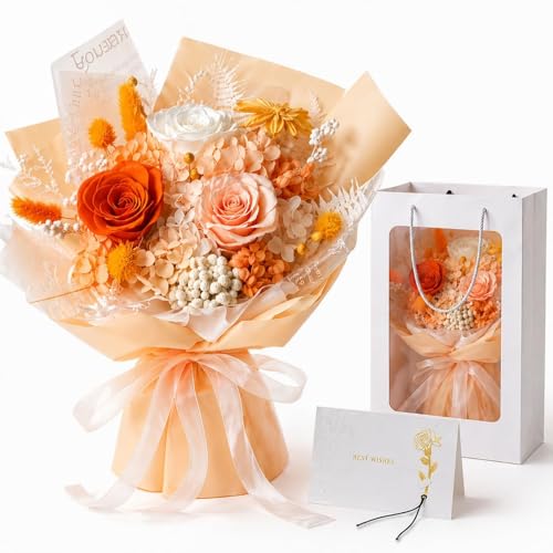 Preserved Champagne Rose Bouquet, 100% Real Flowers for Women Mother Wife, Long-Lasting Eternal Cream Roses with Gift Box, Forever Flowers for Anniversary Birthday Mother's Day, Lasts 3-5 Years - color: Champagne Gold