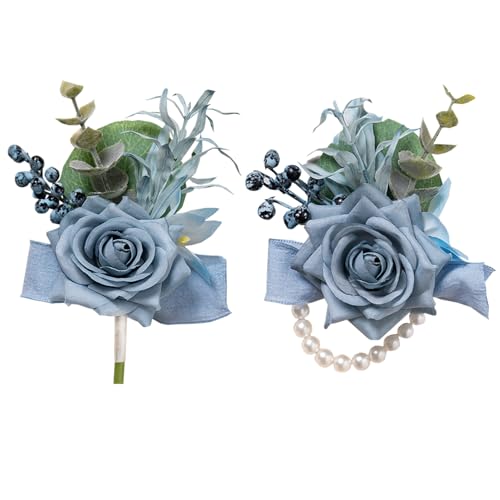 Dusty Blue Corsage and Boutonniere Set, Rose Boutonniere for Men, Prom Flower Wrist Corsage Bracelets, Homecoming Corsages Wristlet, Men Boutonnieres for Wedding Flowers Accessories Prom Suit - color: Blue Wrist Corsage and Boutonniere Set