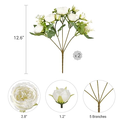 Mkono Peonies Artificial Flowers, Small Silk Flowers for Home Decor Indoor Fake Bouquet Faux Floral Arrangements Dining Table Centerpieces for Kitchen Party Decor White - color: White