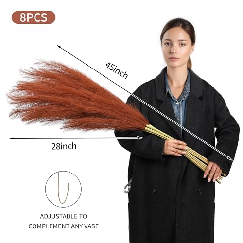 Wertuirk Burnt Orange Pampas Grass, 8 Pcs 45 Inch Tall Large Faux Pompous Grass, Long Artificial Flowers for Floor Vase, Wedding, Party, Baby Shower, Farmhouse and Fall Decor (Burnt Orange) - color: Burnt Orange