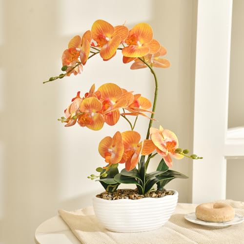 19" H Phalaenopsis Faux Orchid Plant Silk Orchid Centerpiece Artificial Floral Arrangement in Ceramic Pot (Orange) - color: Orange