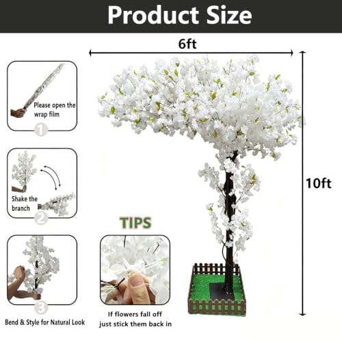 Artificial Cherry Blossom Trees Large 10ft,White Faux Cherry Blossom Tree,Fake Cherry Blossom Handmade Tree Indoor Outdoor for Wedding Party Restaurant Park Living Room (White, 10x6ft) - color: White, size: 10x6ft