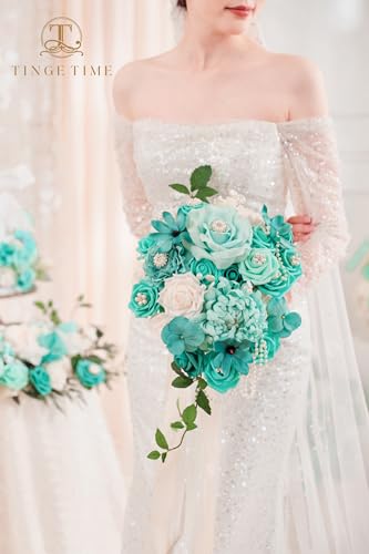 TINGE TIME 11 Inch Wedding Bouquets for Bride, Teal Green & Champagne Artificial Flowers Bouquet, Brides & Bridesmaids Bouquet for Wedding Anniversary Ceremony Bridal Shower Decorations - color: Teal Green & Champange