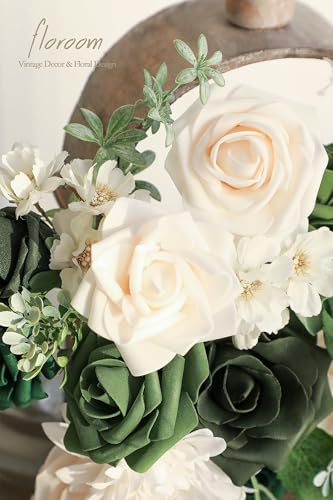 Floroom Olive Green Artificial Flowers Forest Green Fake Roses Peonies Dahlia Greenery Combo Box Set for DIY Wedding Bouquets Bridal Shower Centerpieces Floral Arrangement Party Tables Home Decoration - color: Garden Green