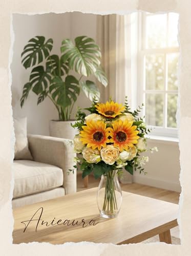Artificial Sunflower Bouquet with Peony Flowers, Silk Sunflowers Realistic Arrangement for Table Centerpieces, Faux Sunflower Decor for Wedding Home Kitchen Office Vase Decoration