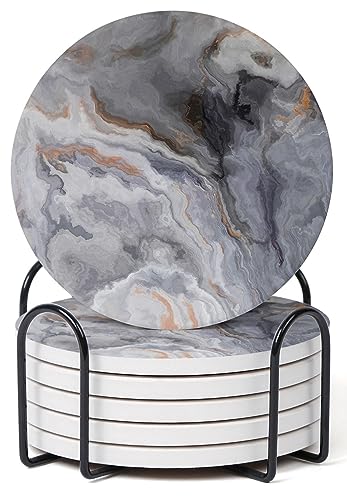 Set of 6 Abstract Dark Blue Marble Coasters with Holder, Absorbent Ceramic Coasters for Drinks, Coasters with Cork Backing for Table Protection, Housewarming Gifts for New Home - color: Abstract Dark Blue Marble