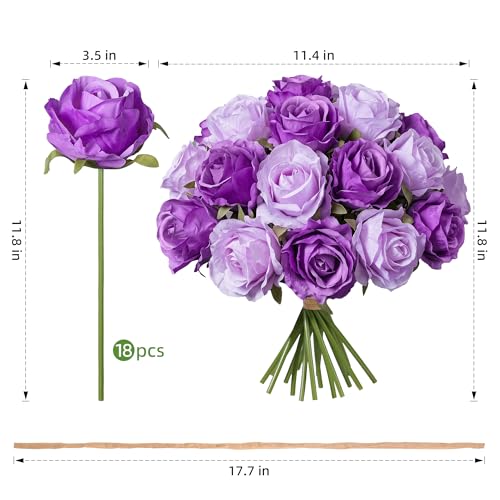 Ivydale 18pcs Violet Purple Roses Artificial Flowers, Fake Roses Silk Flowers with Stems Realistic Bouquet for Mother's Day Wedding Party Home Decoration DIY Centerpiece Floral Romantic Gifts - color: Rose-mixpurple