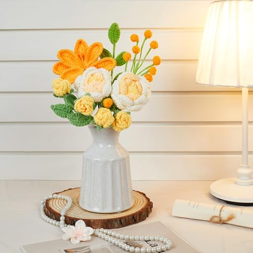 LAIDANLA Crochet Flower Bouquet Yellow Roses and Tulip Bouquet for Her, Handmade Crocheted Flowers Appreciation Graduation Anniversary Birthday Gifts for Women Wife Teacher Girlfriend Mom