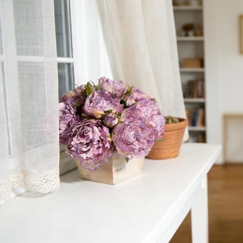 Artificial Hydrangea Flowers Arrangement in Wood Planter, 4PCS Fake Flowers in Wooden Vase Potted Floral Centerpieces for Tables Living Room Home Office Kitchen Decor (Purple Peony) - color: Purple Peony