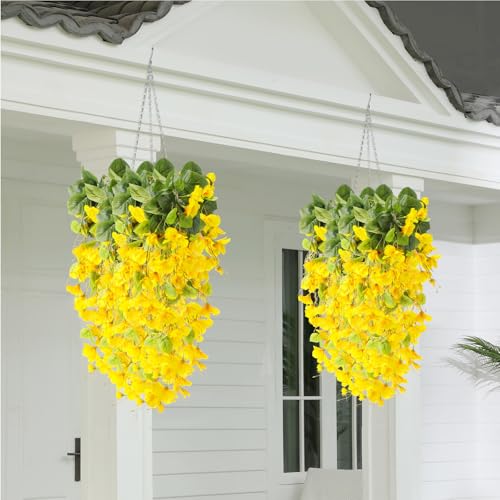 XunYee 8 Pcs Artificial Hibiscus Flowers for Outdoors Spring Summer Decor Fake Hanging Flowers Plants Uv-Resistant Faux Hibiscus Flower for Outside Porch Patio Front Door (Yellow) - color: Yellow
