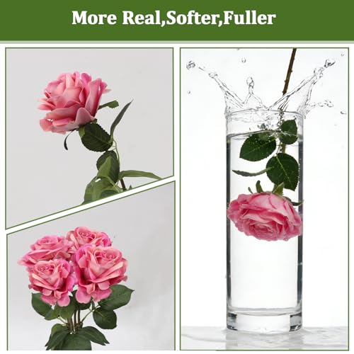 Artificial Rose Flowers, 4Pcs Real Touch Long Stem Faux Roses, Lifelike Latex Roses for Wedding Bouquet, Table Centerpiece, Home Decor, DIY Floral Arrangement, Pink - color: Pink