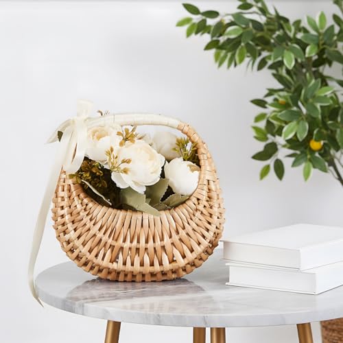 Taiyin Rattan Flower Girl Basket Small Half Moon Straw Wicker Basket with Handle Ideal for Wedding Flower Girl,Picnic,Garden Storage and Home Decor(White Ribbon) - style: White Ribbon