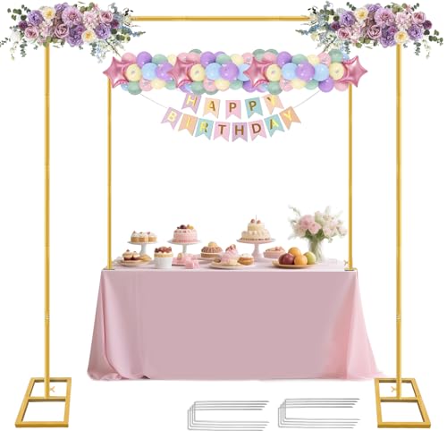 Square Backdrop Stand, Wedding Arch Heavy Duty Adjustable Stand, Over The Table Rod Stand with Clamps, Metal Gold Garden Balloon Frame for Baby Shower Party Decoration - size: 2-IN-1 6.5 FT