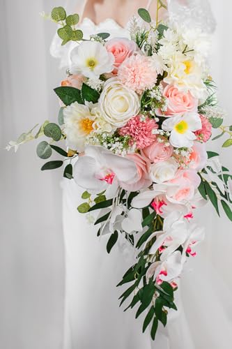Lisuun Wedding Bouquets for Bride, 16 Inches Wedding Flower Bouquet, Silk Round Bridal Bouquet for Wedding, Ceremony, Anniversary - color: White&pink