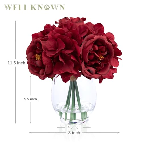 WELL KNOWN Artificial Austin Roses and Hydrangea Petals, 11.5" H Silk Roses Flower Bouquet with Fake Water in Glass Vase, Faux Peony for Home Decor, Table Decor, Weddings, Gift (Red) - color: Classical Red