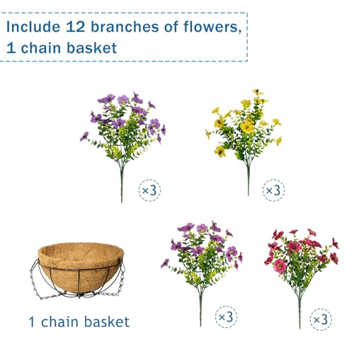 Artificial Hanging Flowers for Outdoors with Basket,UV Resistant Realistic Faux Hanging Plants Outdoor Artificial Flowers for Outdoors Basket for Yard Porch Patio Garden,12 Bundles Mix 4 Colors - color: Fuchsia+rose Red+purple+yellow