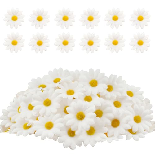 120Pcs Silk Artificial Gerbera Daisy Heads, 1.5 Inch Fabric Fake Chrysanthemum Flowers Floral Heads for Wedding, Party, Home, Beach Decoration and DIY Craft (White) - color: White