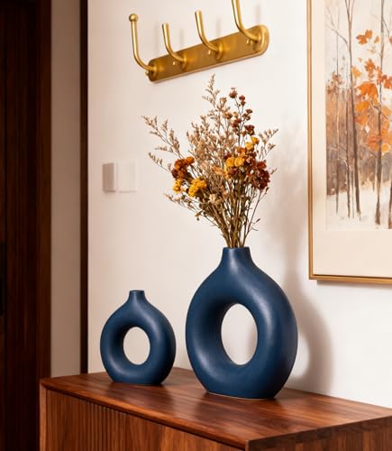 Ceramic Donut Vase Set of 2 Home Decor Modern Farmhouse Style Living Room Ornament Dining Table Room Pottery Purple Small Vases for Dried Flowers - color: Vt11 Blue