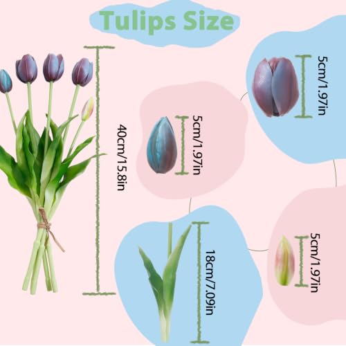 15 Pcs Artificial Flowers Tulips Real Touch Latex Plastic Soft Faux Bouquets for Party, Wedding, Home, Room, Garden Decor (Vintage Purple Blue) - color: Vintage Purple Blue