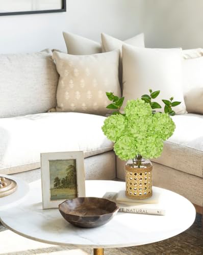 Hollyone Green Hydrangea Artificial Flowers in Woven Glass Vase with Faux Water Silk Hydrangeas Fake Flowers Floral Arrangement for Home Indoor Bathroom Kitchen Office Table Centerpiece Shelf Decor - color: Green-woven Vase