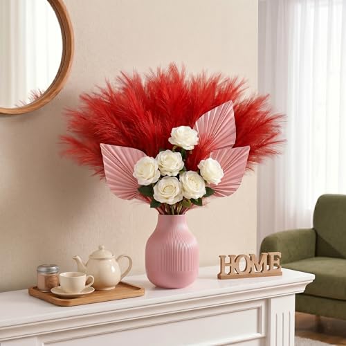 obbsie 50pcs Red Faux Pampas Grass Decor, 21.6" Short Artificial Floral Branches Vase Filler Flower Arrangement for Home Wedding Boho Outdoor Decor - color: Red, size: 50 PCS