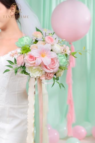 TINGE TIME Wedding Bouquets for Bride, 9 Inch Handcrafted Silk Bridal Flowers Bouquets for Wedding Ceremony, Gift for Bridesmaid, Bouquet for Party Church Decoration,and Romance Gifts (MintGreen&Pink) - color: Mint Green & Pink